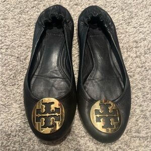 TORY BURCH ballet flat Reva flats in black smooth leather gold hardware 7.5